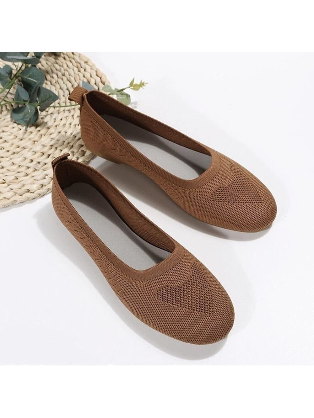 Brown Knit Women's Flat Shoes